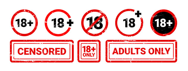 Censored stamp. Grunge red 18 plus label. Classic confidential rubber stamp, warning badge, blocked content icon, blocked content, information control elements. Vectors set
