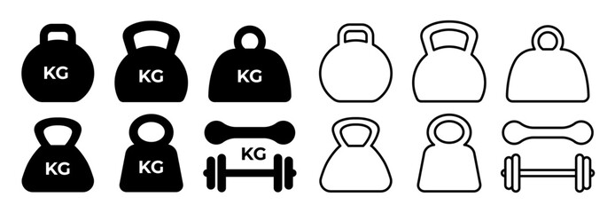 Weight icon. Simple kg mass symbols. Black flat line, silhouette heavy, strength fitness dumbbell, gym kettlebells. Scale power, gram signs, kilogram pictograms. Vector set
