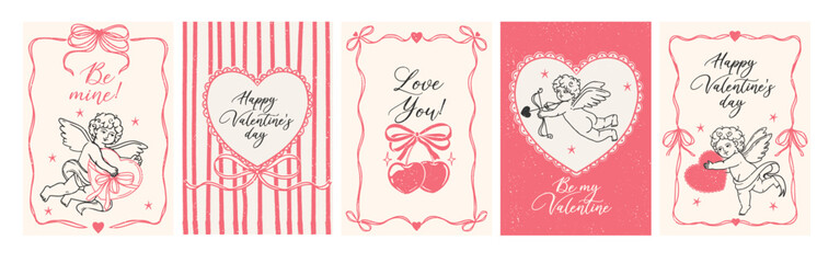 Vintage Valentines Day poster. Romantic love cards. Retro trendy romantic posters with festive frames, cupid, bow, cherry, hearts. Coquette wedding banner. Vector set