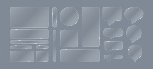 Glassmorphism frames. Transparent glass elements. Simple UI UX glass texture border with geometric shapes, blur, round edges, reflections for interface. Vector set