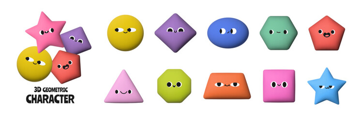 3D geometric characters. Render basic shapes. Educational element with funny faces. Abstract figures, circle, triangle, square, hexagon. Vector emoji set