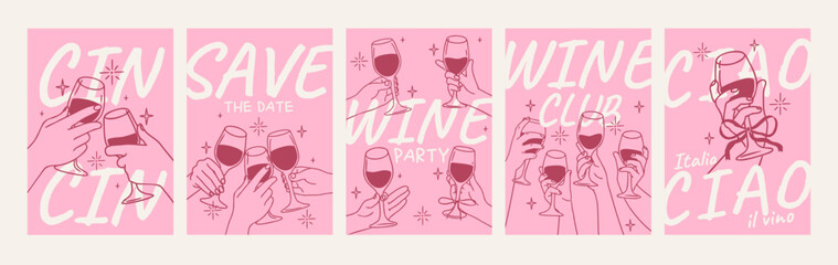 Hand with wine poster. Hands holding glasses with drinks. Hand drawn line chalk people hold wine, champagne, cocktail glass for cards, invitation. Vector set