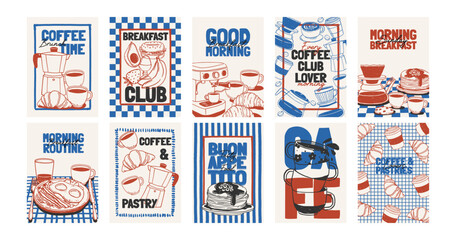 Food poster. Coffee and breakfast banner. Vintage sketch food and drink elements for cafe menu. Hand drawn coffee, pastry, morning meal, baking, cups. Vector cards