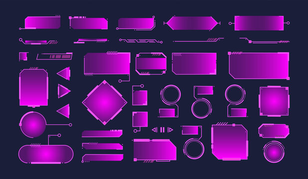 Futuristic HUD interface elements. Cyberpunk UI frame. Tech screen, digital title, cyber bar panels, blue high tech dashboard, sci-fi game user interface. Vector set