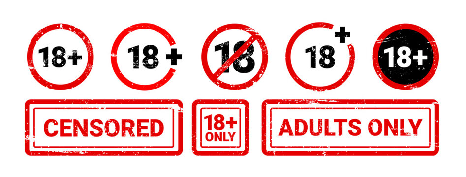 Censored stamp. Grunge red 18 plus label. Classic confidential rubber stamp, warning badge, blocked content icon, blocked content, information control elements. Vectors set