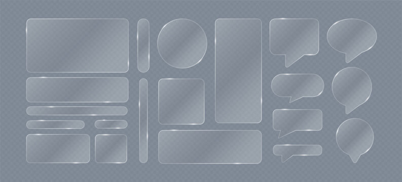 Glassmorphism frames. Transparent glass elements. Simple UI UX glass texture border with geometric shapes, blur, round edges, reflections for interface. Vector set