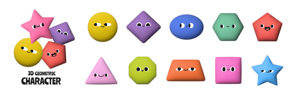 3D geometric characters. Render basic shapes. Educational element with funny faces. Abstract figures, circle, triangle, square, hexagon. Vector emoji set