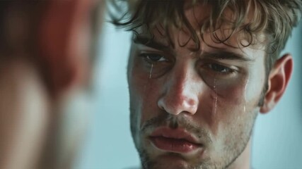 The young man's face shows signs of fatigue and physical strain — a relevant backdrop for social campaigns about psychological support or dramatic film scenes.

