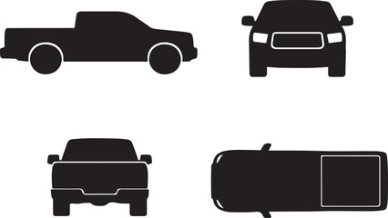 Pickup Truck Orthogonal Views Set: Vector Silhouette Icon of Light Utility Vehicle (LUV) Showing Side, Front, Rear, and Top Perspectives for Diagrams, Schematics, and Technical Drawings.