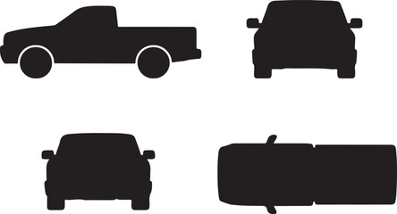 Pickup Truck Four-View Black Vector Silhouette Set: Isolated Automotive Icon Pack Showing Side Profile, Front Headlight View, Rear Angle, and Top Schematic for Technical Drawings and Vehicle Graphics.