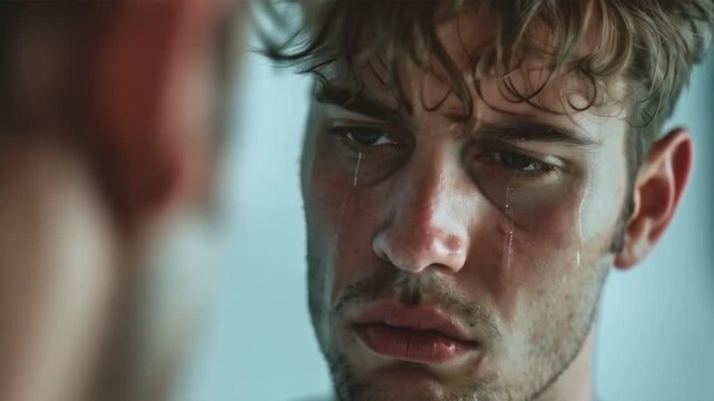 The young man's face shows signs of fatigue and physical strain &mdash; a relevant backdrop for social campaigns about psychological support or dramatic film scenes.
