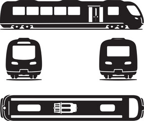 Modern High-Speed Commuter Train Vector Silhouette Icons Set: Side, Front, and Top View Graphic Representation for Public Transportation, Railway Infrastructure, and Travel Symbolism