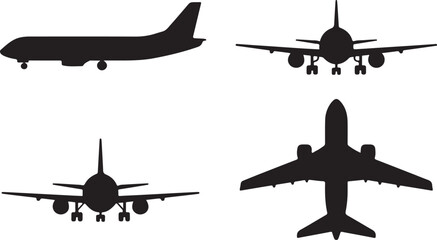 Detailed Airplane Silhouette Vector Icon Set: Collection of Four Commercial Jetliner Views (Side, Frontal, Top) Perfect for Travel, Logistics, and Global Transportation Design Assets.