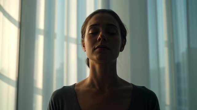 Standing woman in dark top reacting to moving light at tall sheer curtains, lifting chin, breathing