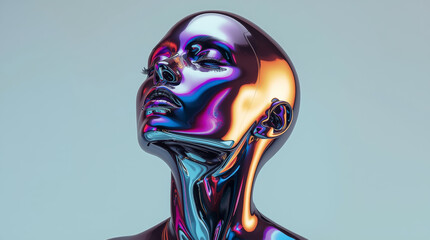Futuristic Iridescent Metallic Human Portrait with Liquid Chrome Skin