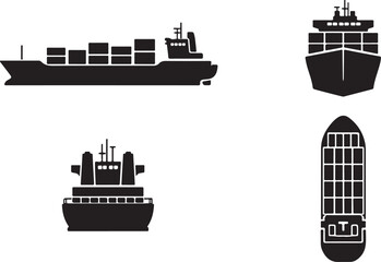 Comprehensive Set of Container Ship Icons Vector Illustration: Four Perspectives (Side, Front, Stern, Top) of Cargo Vessel Silhouettes for Global Logistics and Shipping Industry Design Assets