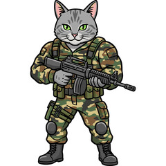 commando warrior cat in a camouflage suit and a weapon cartoon artwork in flat color block editable vector illustration