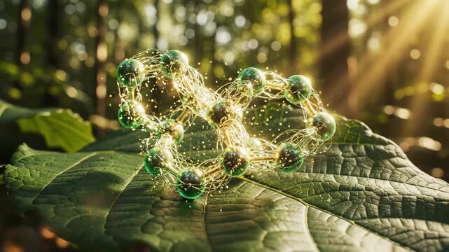 Abstract Green Molecule on Leaf - An abstract molecular structure with green orbs and golden filaments rests on a textured green leaf, illuminated by sunlight filtering through a forest background.