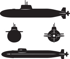 Black Submarine Icons and Silhouettes Collection: Military Vessel Design in Side and Front Views, Suitable for Navy, Sea Travel, Warship Graphics, and Stealth Operations Vector Art.