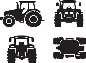 Comprehensive Modern Tractor Icon Set Vector Illustration: Four Different Perspectives (Side, Front, Rear, Top View) Silhouettes for Farming, Agriculture, and Heavy Machinery Graphics