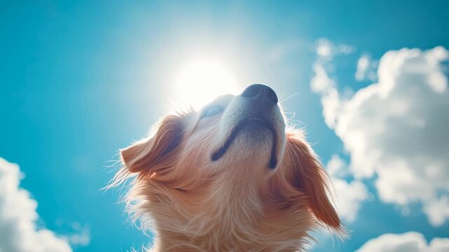 Tilting light-coated dog lifting muzzle toward backlit sun at blue sky, showing rim lighting flare