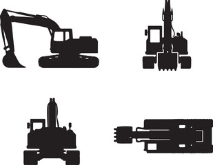Comprehensive Excavator Silhouette Vector Set: Four Detailed Views (Side, Front, Rear, Top-Down) for Construction Industry Design, Heavy Equipment Iconography, and Industrial Graphics