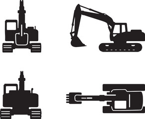 Heavy Machinery Excavator Silhouette Vector Set: Detailed Industrial Digger Icons from Multiple Perspectives (Side, Front, Top View) for Construction, Engineering, and Site Equipment Graphics.