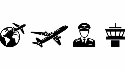 Airplane Pilot Control Tower Icons Set for Travel Industry