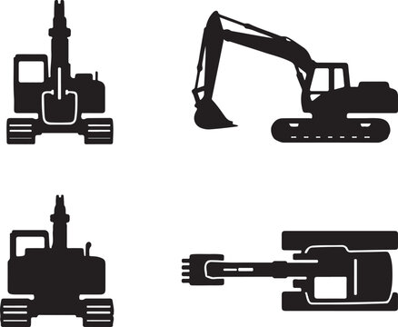 Heavy Machinery Excavator Silhouette Vector Set: Detailed Industrial Digger Icons from Multiple Perspectives (Side, Front, Top View) for Construction, Engineering, and Site Equipment Graphics.