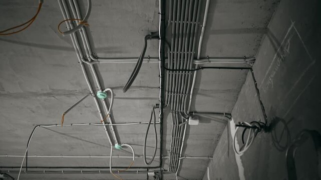 Exposed Conduit At Renovation Site, Closeup View Of Exposed Electrical Lines And Construction Environment
