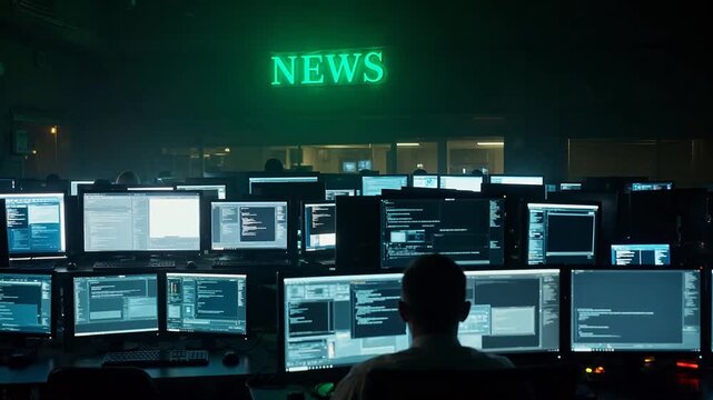 Newsroom with multiple computer monitors