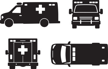 Comprehensive Ambulance Icon Set Vector Illustration: Black Silhouettes of Emergency Medical Service Vehicle from Side, Front, Rear, and Top Perspectives for UI/UX Design and Rescue Graphics.