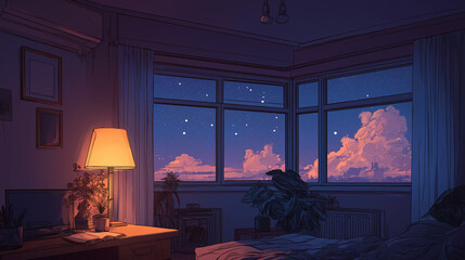 High-quality lofi anime image of a minimalist night room with warm lamp light