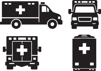 Black Ambulance Icon Set Vector Illustration. Emergency Medical Service Vehicle Silhouette in Side, Front, Rear, and Top Views. Hospital Transport Graphic Symbol for UI/UX Design.