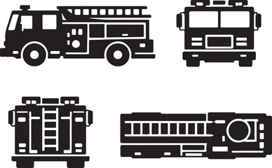 Fire Truck Pumper Vector Blueprint Views Set - Detailed Black and White Icon Silhouettes of Emergency Engine Vehicle from Side, Front, Rear, and Aerial Perspectives for Graphics and Diagrams