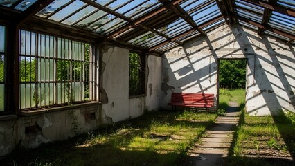 Abandoned glass roofed greenhouse with cracked walls and red bench inside overgrown with grass peeling paint