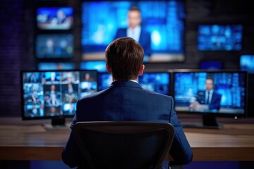 Fototapeta premium Man in Control Room Monitoring Multiple Screens with News Broadcasts.