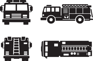 Fire Truck Vector Icon Set - Emergency Vehicle Silhouettes in Four Views (Front, Side, Back, Top) - Minimalist Black Rescue Engine Graphic for Apps and Websites