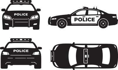 Comprehensive Police Car Vector Views: Detailed Silhouette Collection of Law Enforcement Sedan, Featuring Front, Side, Rear, and Top Perspectives for Icons and Graphic Design.