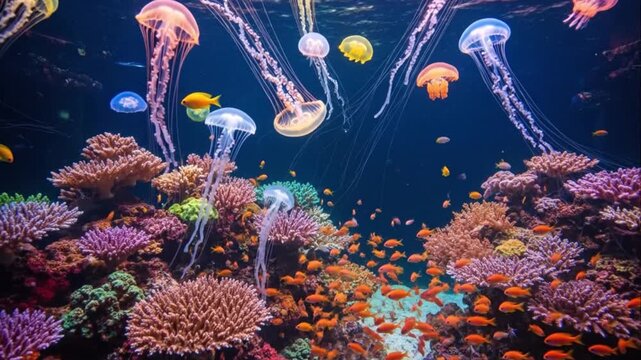 Colorful Jellyfish and Tropical Fish Over Vivid Coral Reef Underwater