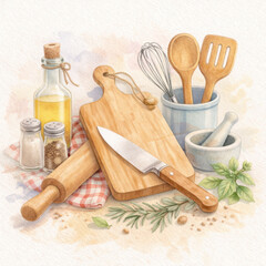 Watercolor Kitchen Utensils and Ingredients Arrangement