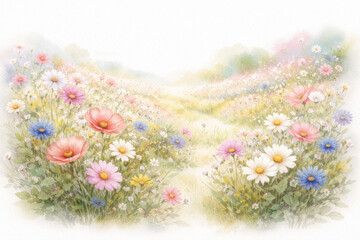 Watercolor meadow with diverse wildflowers in soft pastel colors