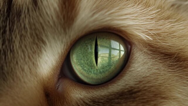 Reacting cat's green iris adjusting slit pupil to daylight through paned window, showing ginger fur
