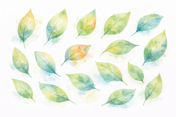 Watercolor painted leaves in shades of green yellow and blue with soft edges