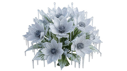 Bouquet of frosty white flowers with frozen leaves and icicles, cut out, stock png, isolated on transparent background