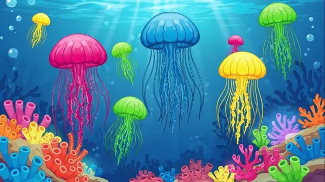 Colorful Jellyfish Reef Ocean Cartoon Illustration