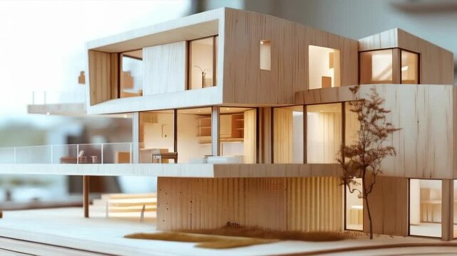 The model of a modern wooden house with transparent windows and a terrace emphasises the environmental friendliness of the architecture and is ideal as a backdrop for presentations on sustainable cons