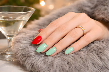 Woman's hand with red and green nails on fur, cocktail glass