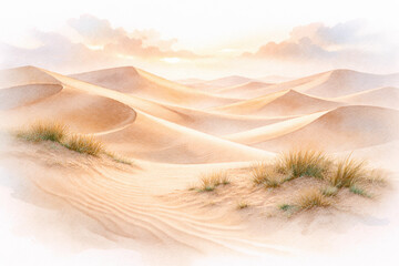 Watercolor painting of rolling sand dunes under a soft cloudy sky, desert landscape
