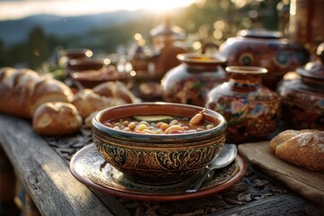 Fototapeta premium Rustic Feast - Hearty Bean Soup and Bread Amidst Earthenware.
